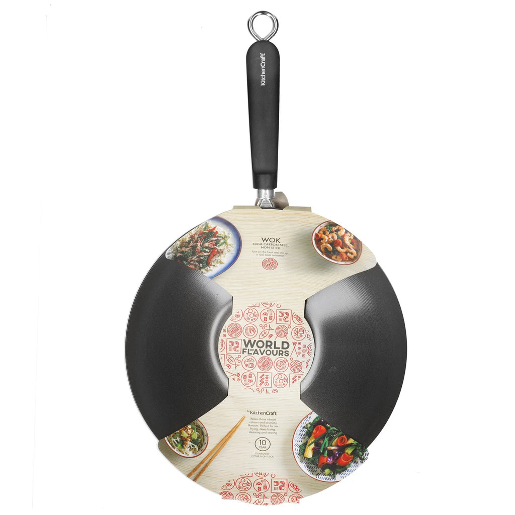 KitchenCraft Oriental Carbon Steel 30cm Non-Stick Wok