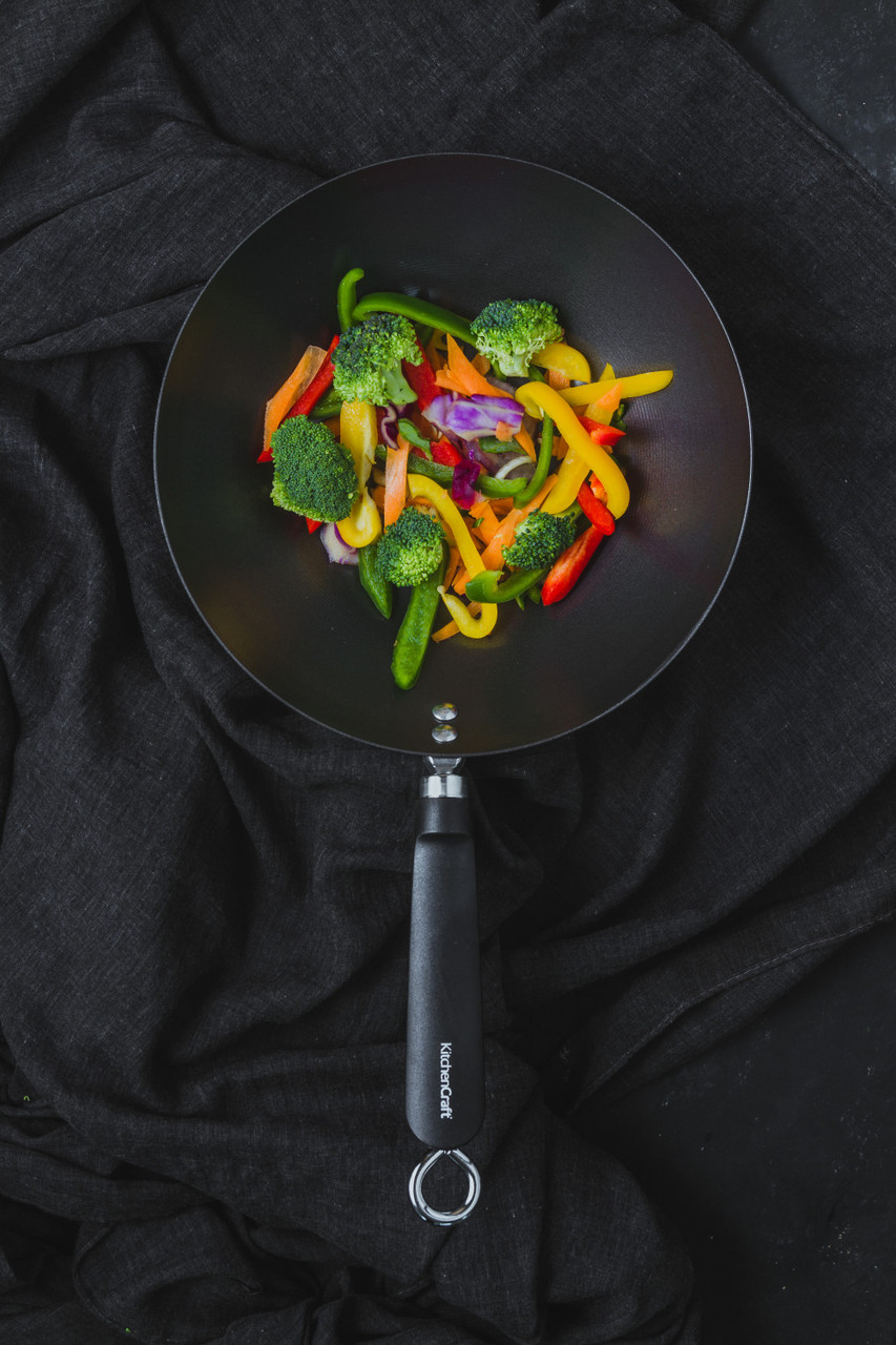 KitchenCraft Oriental Carbon Steel Non-Stick Wok, 26.5cm - Image 4