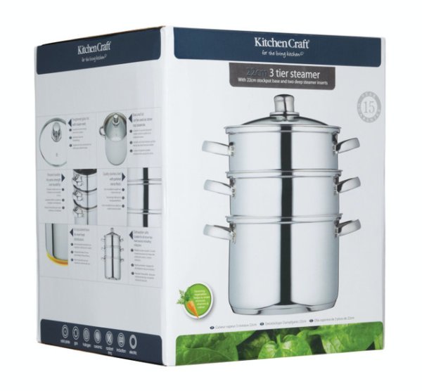 KitchenCraft Stainless Steel Three Tier Steamer 22cm