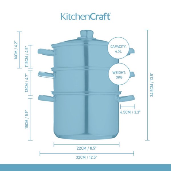 KitchenCraft Stainless Steel Three Tier Steamer 22cm - Image 6